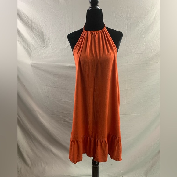 Rust Ruffle Hem Tie Low Back Halter Dress - Picture 6 of 9